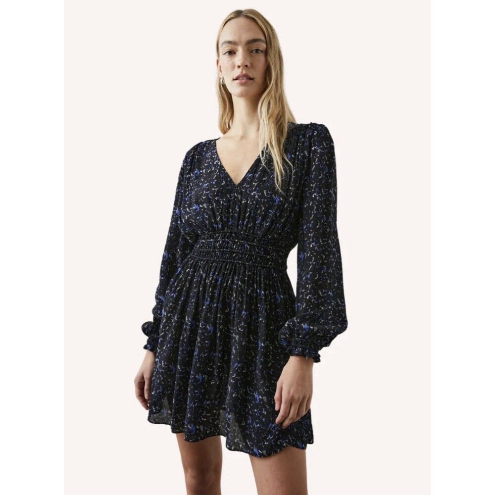 Rails Delaney Dress L Large Cobalt Static Blue Black Smocked V-Neck Mini Chiffon